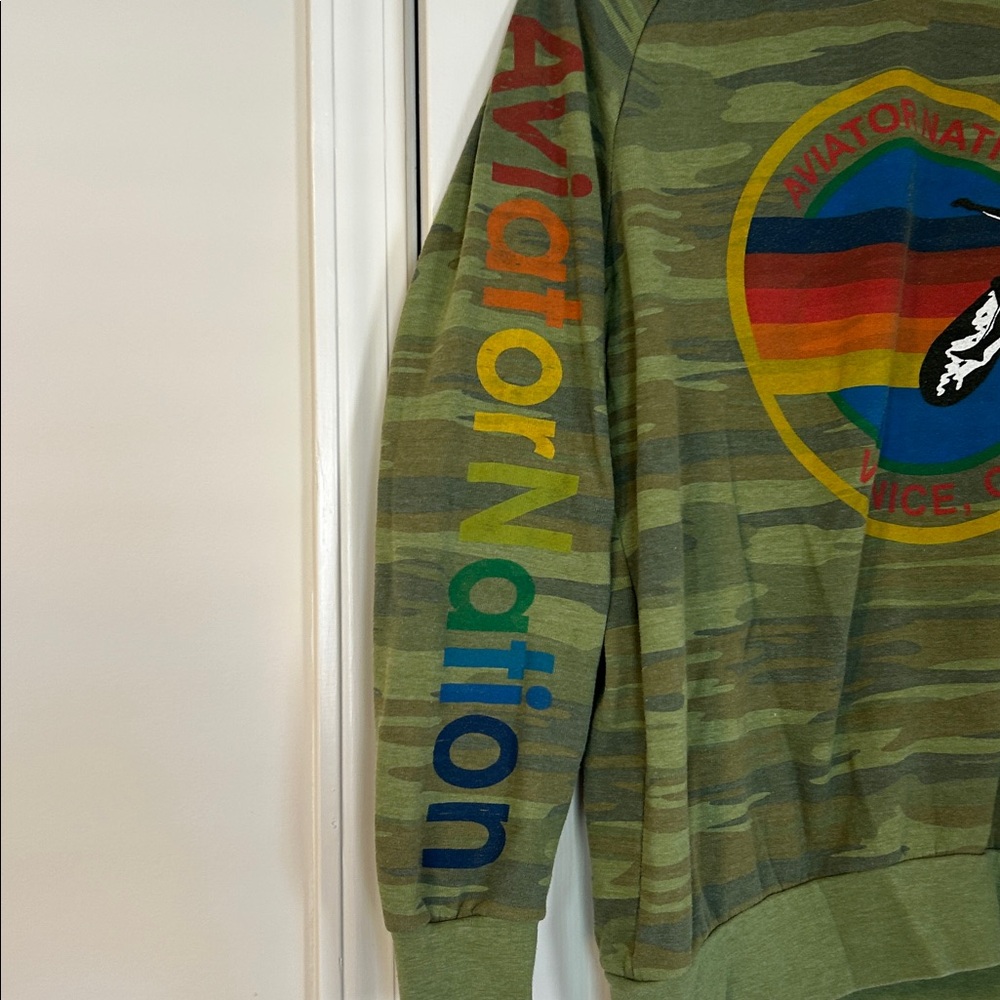 Aviator Nation Olive Camo Crewneck with Rainbow Logo - Picture 3 of 5